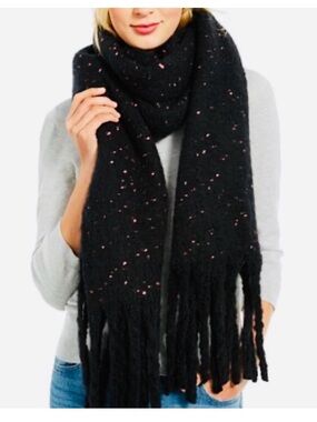 DKNY Black Speckled Fringe Knit Scarf - Women Accessories